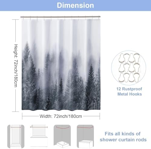 ORTIGIA Grey Shower Curtain for Bathroom, Misty Forest Shower Curtain Set with Rustproof Hooks, Decorative Pine Tree Fog Magic Bath Curtain for Home, Waterproof Fabric, Weighted, 72x72