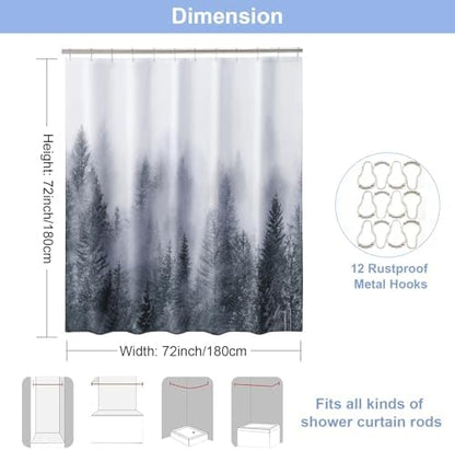 ORTIGIA Grey Shower Curtain for Bathroom, Misty Forest Shower Curtain Set with Rustproof Hooks, Decorative Pine Tree Fog Magic Bath Curtain for Home, Waterproof Fabric, Weighted, 72x72