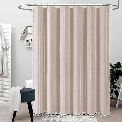 BTTN 72 x 80 Boho Linen Heavy Duty Cloth Shower Curtain Set, Tan/Taupe