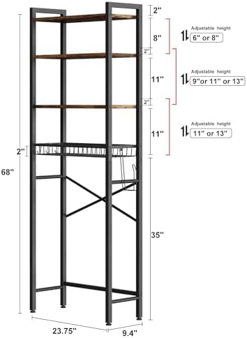 Kalrin Over-The-Toilet Storage Rack, 4-Tier Bathroom Organizer Shelf Over Toilet with Adjustable Shelf and Basket, Freestanding Space Saver Bathroom Shelves Above Toilet for Room (Vintage Brown)