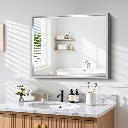 CIRCUMI 30"x36" Brushed Silver Bathroom Mirror, Rectangular Vanity Mirror