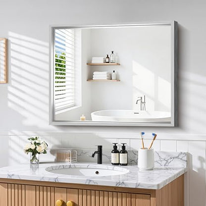 CIRCUMI 30"x36" Brushed Silver Bathroom Mirror, Rectangular Vanity Mirror