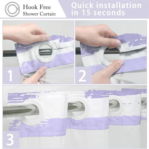 No Hook Shower Curtain with Liner, Purple Stripe, 71x74 Inch