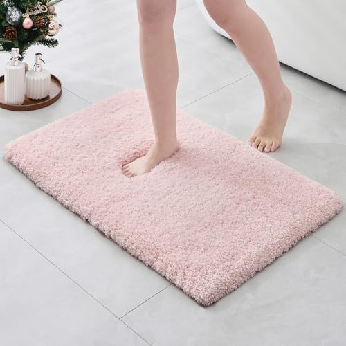 ILANGO Pink Christmas Bathroom Rugs 36" × 24" Non Slip & Super Absorbent Extra Thick Soft, Washable Bath Mat for Floor, Non Shedding Microfiber Shaggy Bath Rug with Rubber for Bathtub Sink