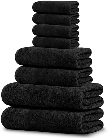 Tens Towels 8 Piece Towel Set, 2 XL Bath, 2 Hand, 4 Washcloth, Black