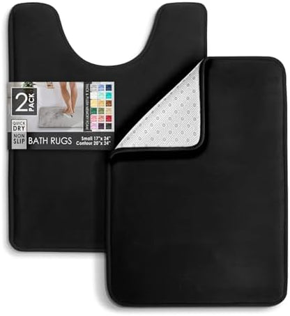 Clara Clark 2 Piece Bathroom Rugs, Velvet Memory Foam Bath Mat Set, Non-Slip Bath Rugs, Machine Wash, Dries Quickly, Ultra Soft Plush Bath Mats for Bathroom, 17 x 24 + Contour, Black