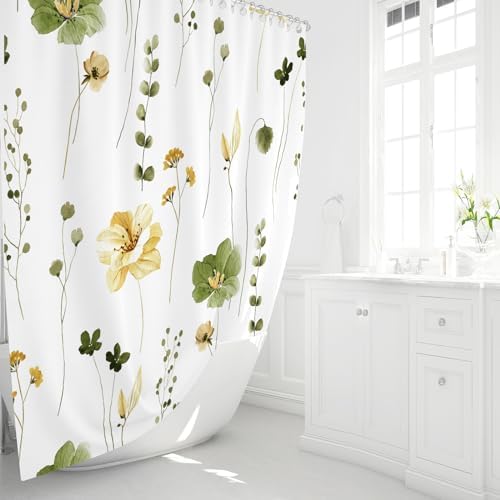 Gibelle Olive Green Beige Watercolor Floral Fabric Shower Curtain, 72x84