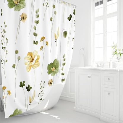 Gibelle Olive Green Beige Watercolor Floral Fabric Shower Curtain, 36x72
