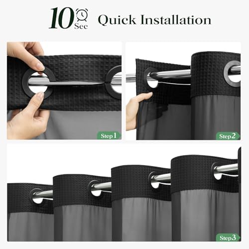 Dynamene Black Hook Free Waffle Shower Curtain & Snap-in Fabric Liner,72x75