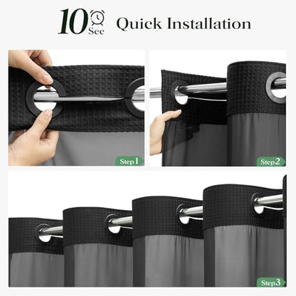 Dynamene Black Hook Free Waffle Shower Curtain & Snap-in Fabric Liner,72x75
