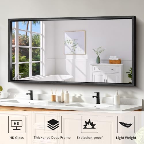Bathroom Mirror, 30 x 55 Inch Brushed Black Rectangle Mirror, 0.6" Thickened Deep Metal Frame Mirrors for Wall Over Sink, Shatterproof Tempered Glass, Antirust, Horizontally or Vertically