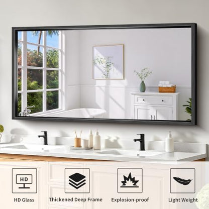 Bathroom Mirror, 30 x 55 Inch Brushed Black Rectangle Mirror, 0.6" Thickened Deep Metal Frame Mirrors for Wall Over Sink, Shatterproof Tempered Glass, Antirust, Horizontally or Vertically