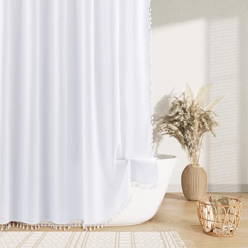 Nanspring Extra Long White Boho Linen Shower Curtain 96 Inches Tassel Neutral Textured Cloth Shower Curtain Set with Hooks Rustic Elegant Shower Curtain for Bathroom Water Repellent 72x96, White