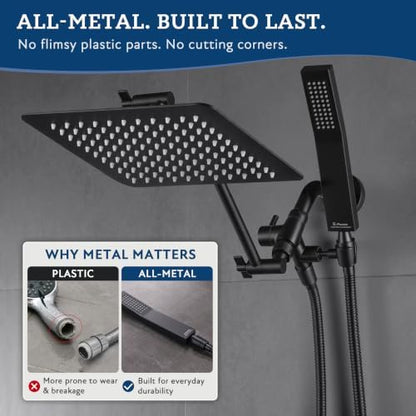 G-Promise All Metal 10" Dual Square Shower Head Combo | Rain Shower Head | Handheld Shower Wand | Adjustable | 3-Way Diverter | 71" Extra Long Hose - A Bathroom Upgrade (Matte Black)