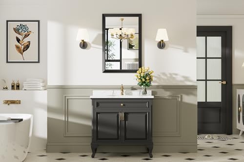 Briivue Black Metal Framed Bathroom Wall Mirror, 24x36 Inch