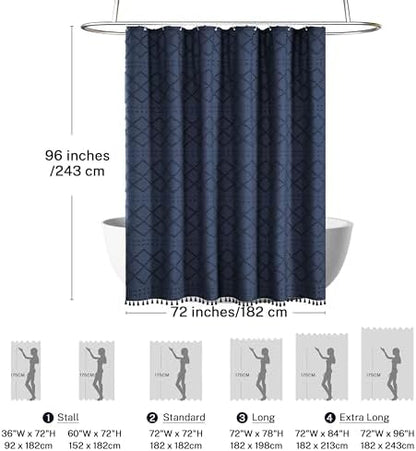 Siiluminisoy Extra Long Navy Blue Boho Shower Curtain Woven Fabric Farmhouse 96 Inch Curtain, 72 x Tufted Chevron Textured Striped Modern Minimalist Cloth Set with Hooks for Bathroom