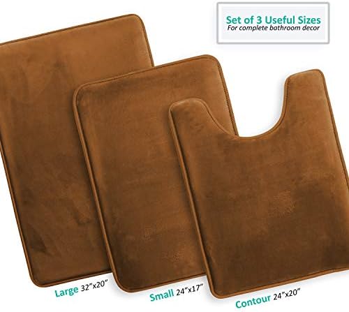 Clara Clark 3 Piece Bathroom Rugs Bath Mat Set, Velvet Memory Foam Bath Mats for Bathroom - Non-Slip, PVC Backing Bath Rugs, Washable - Dries Quickly, Brown