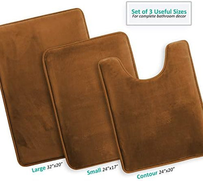 Clara Clark 3 Piece Bathroom Rugs Bath Mat Set, Velvet Memory Foam Bath Mats for Bathroom - Non-Slip, PVC Backing Bath Rugs, Washable - Dries Quickly, Brown