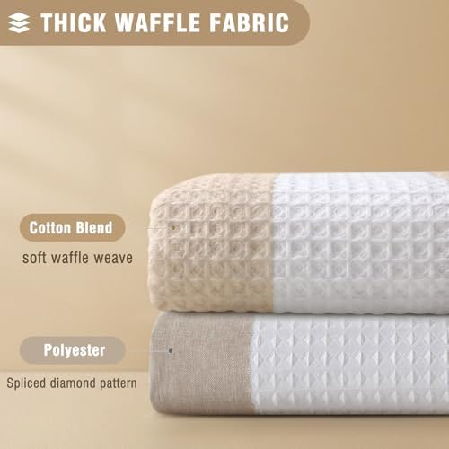 Long Waffle Shower Curtain Heavyweight Cotton Fabric Beige Stripe 72Wx84L