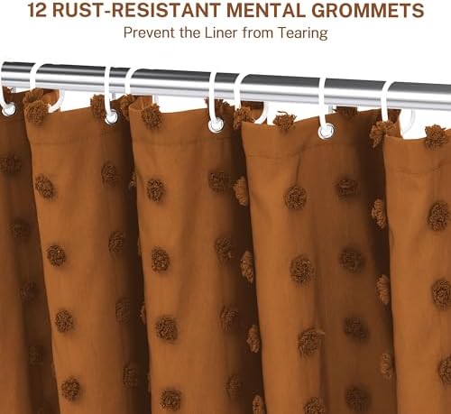 Extra Long Boho Farmhouse Shower Curtain Woven Fabric 84 Inch Pumpkin Orange Shower Curtain, 72 x 84 Tufted Pleat Floral Puffs Textured Modern Minimalist Shower Curtain Set with Hooks for Bathroom