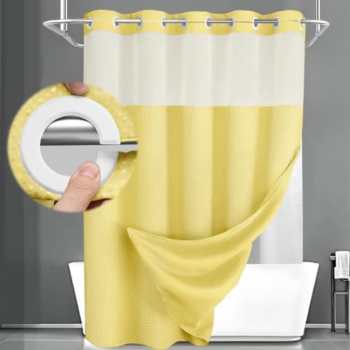 No Hook Shower Curtain with Liner Set Hotel Waffle Curtain Yellow 72W X 75L