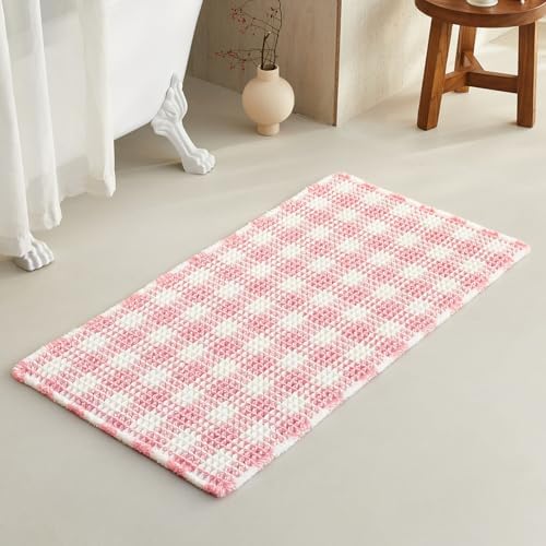 TYUU Waffle Bath Mat, Cute Bathroom Rugs Non Slip, 48x24 Pink & White