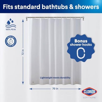 Clorox Shower Curtain Liner & Hooks, Premium Lightweight Flexible Waterproof 4g PEVA for Bathroom with Weighted Magnets, Standard Size 70" x 72", Frosty 1 Pack