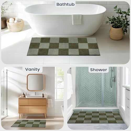 PURRUGS Bathroom Rug Non-Slip Machine Washable 24" x 60", Super Absorbent and Quick-Dry Bath Mat, Extra Soft and Plush Bath Rug for Shower, Bathtub and Sink, Sage Green & Olive Green
