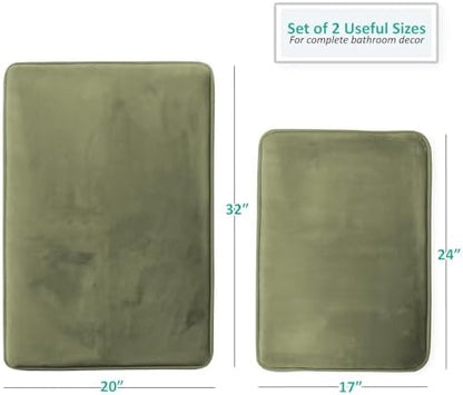 Clara Clark 2 Piece Bathroom Rugs Bath Mat Set, Velvet Memory Foam Bath Mats for Bathroom - Non-Slip, PVC Backing Bath Rugs, Washable - Dries Quickly, Green