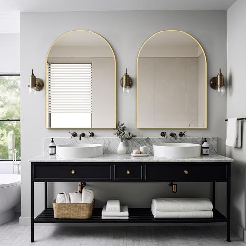 Delma Arched Bathroom Mirror, Gold, 28"x40"