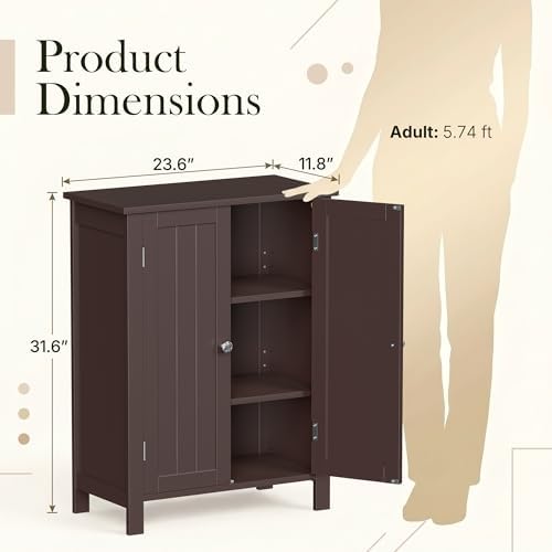 ZENY Bathroom Floor Storage Cabinet with Double Door + Adjustable Shelf, Wooden Organizer Cabinet for Living Room, Bathroom, Bedroom, Modern Home Furniture (Brown)