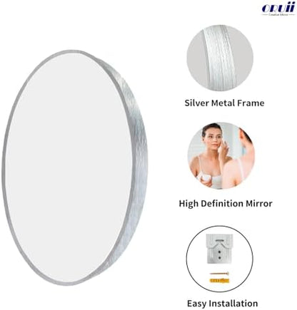 Oruii Round Mirror, 26 inch Silver Circle Mirror,Bruhsed Nickel Metal Frame