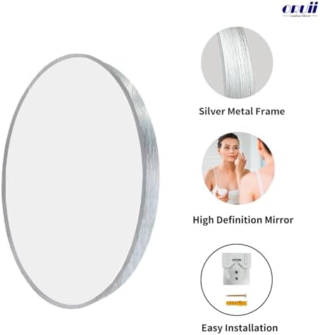 Oruii Small Round Mirror, 18 inch Silver Circle Mirror, Silver Metal Frame