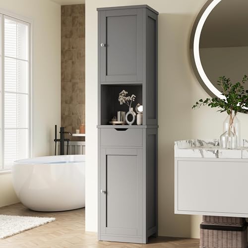 Shintenchi Tall Bathroom Storage Cabinet, Slim Corner Floor Cabinet with Doors and Drawer, Freestanding Narrow Bathroom Organizer with Adjustable Shelves for Small Space, Gray