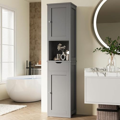 Shintenchi Tall Bathroom Storage Cabinet, Slim Corner Floor Cabinet with Doors and Drawer, Freestanding Narrow Bathroom Organizer with Adjustable Shelves for Small Space, Gray