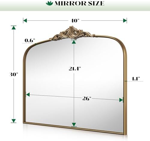 Mantel Mirror, 30" Lx40 W Antique Gold Arched Wall Mirror