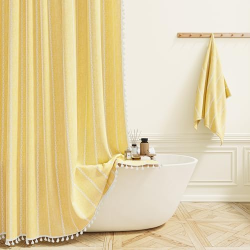BTTN 72x78 Long Boho Farmhouse Linen Heavy Duty Shower Curtain Set, Yellow