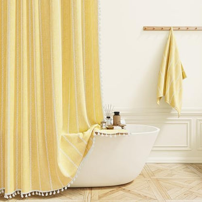 BTTN 72x78 Long Boho Farmhouse Linen Heavy Duty Shower Curtain Set, Yellow
