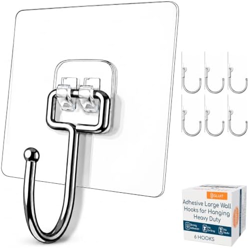 Adhesive Large Wall Hooks for Hanging Heavy Duty No Drill, 22 lbs, 6 pcs