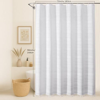 OVZME Extra Long White Shower Curtain 96 Inch Long, Boho Chic Textured Soft Fabric Heavy Duty Cloth Bathroom Shower Curtain with Tassel, Tall Farmhouse Luxury Bath Decor, 72Wx96L Inches