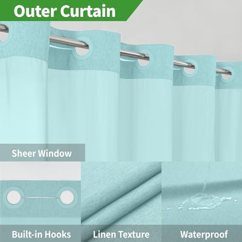 eachope No Hook Linen Texture Shower Curtain with Snap-in Liner,71x74 Teal