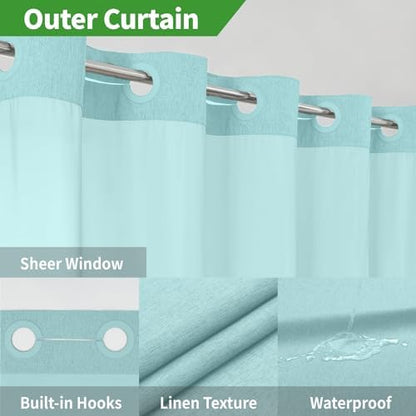 eachope No Hook Linen Texture Shower Curtain with Snap-in Liner,54x80 Teal