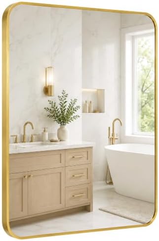 30x36 Inch Brushed Gold Rounded Rectangle Bathroom Vanity Mirror