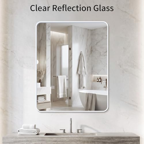 Bathroom Mirror for Wall, 30"x36" Black Bathroom Mirror for Over Sink, Shatterproof Tempered Glass Vanity Mirror with Anti-Rust Aluminum Alloy Frame, Hang Horizontally or Vertically, White