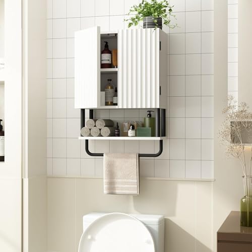 RUSTOWN Fluted Bathroom Wall Cabinet with 2 Doors, 3-Tier Medicine Cabinet