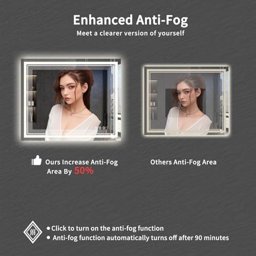 LED Mirror, 44x36 Inch Gradient Front and Backlit Lighted Mirror, 3 Colors Dimmable CRI>90 Double Lights, IP54 Enhanced Anti-Fog, Hanging Plates Bathroom Mirror with Lights