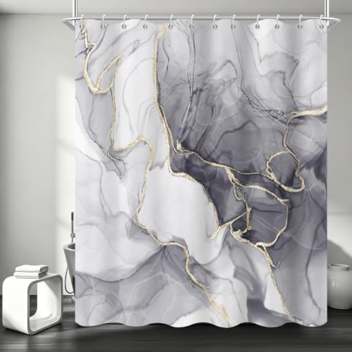 Grey Marble Shower Curtain Modern Abstract Luxury Gold Ink Texture Gray Ombre Watercolor Bathroom Curtain Set with Hooks Soft and Lightweight Waterproof Fabric Machine Washable 48" Wx72 L