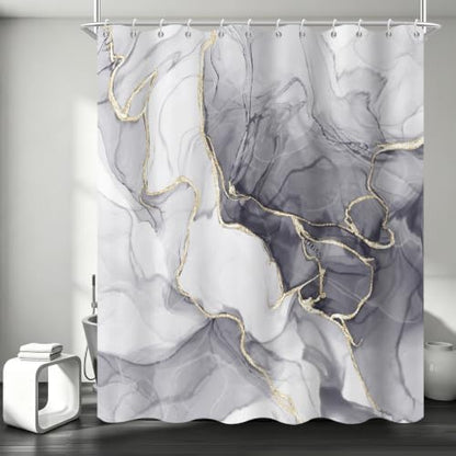 Grey Marble Shower Curtain Modern Abstract Luxury Gold Ink Texture Gray Ombre Watercolor Bathroom Curtain Set with Hooks Soft and Lightweight Waterproof Fabric Machine Washable 48" Wx72 L