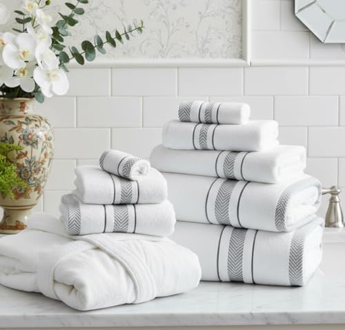 Bath Towels Set for Bathroom – Luxury 2-Piece Cotton Towels (55''x28''), Soft Absorbent & Quick Dry, 600 GSM Bath Towels for Bathroom, Hotel Spa Quality (White/Grey, 2-Bath Towel Set)