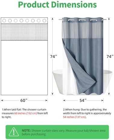 eachope No Hook Fabric Shower Curtain with Snap-in Liner,60x74 Blue Grey